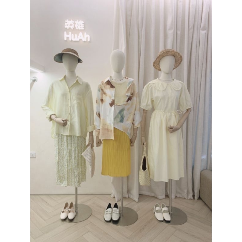 Full set ulzzang QC HuAh - Váy tiểu thư, áo sơ mi, áo len, chân váy hoa chữ A - chân váy dài xếp ly QC