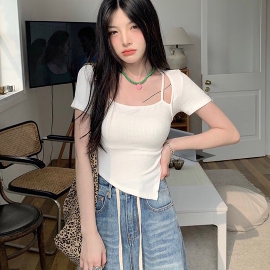 Áo Kiểu Nữ Yếm 2 Dây Ngắn Tay Vạt Xéo Với Chất Thun Siêu Co Giản Che Khuyết Điểm Dành Cho Người 50-90kg