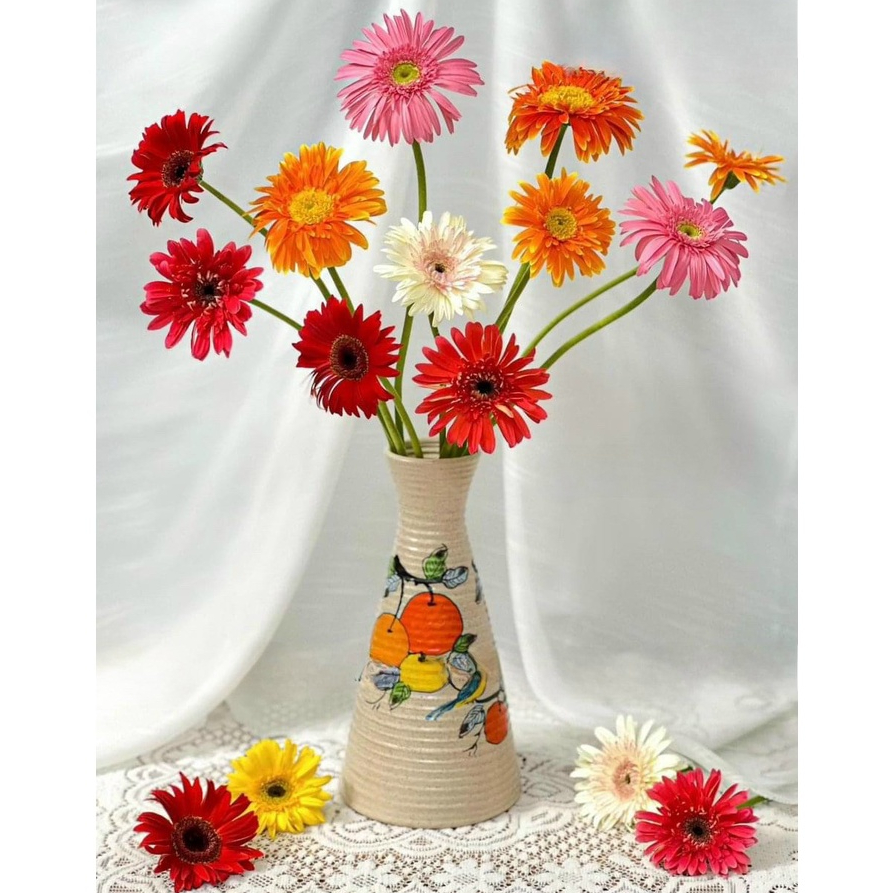 Bình bông gốm Bát Tràng cao 27 cm cắm hoa vẽ tay thủ công decor trang trí phong cách vintage