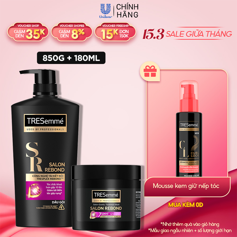 Combo Dầu Gội 850g & Kem Ủ 180ml Tresemme Salon Rebond Giúp Chắc Khỏe & Ngăn Gãy Rụng Tóc