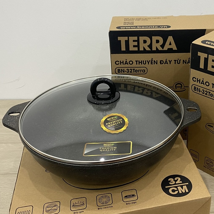 Chảo chống dính sâu lòng vân đá đáy từ cao cấp Bennix BN-32Terra 32cm