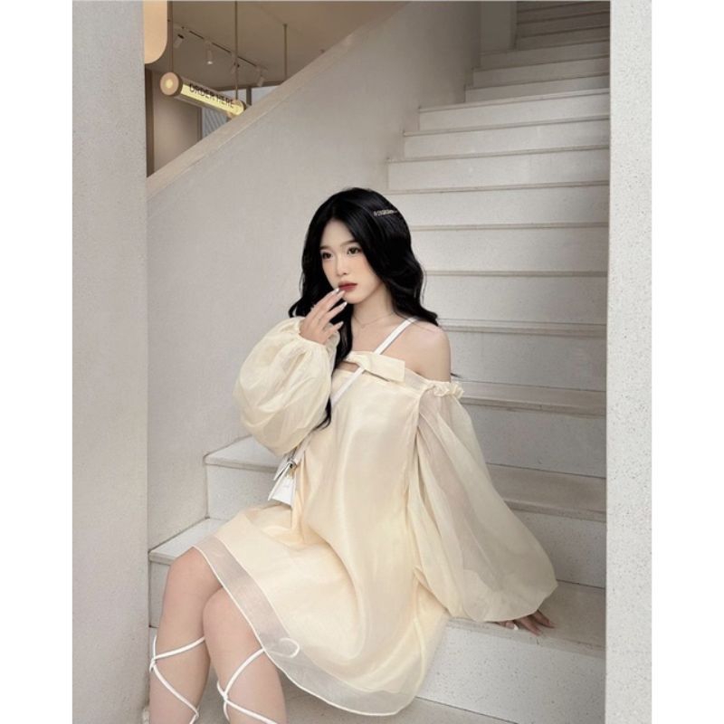 🌸Váy trễ vai tơ nơ ngực tay bồng xinhhh xỉuu❤️❤️