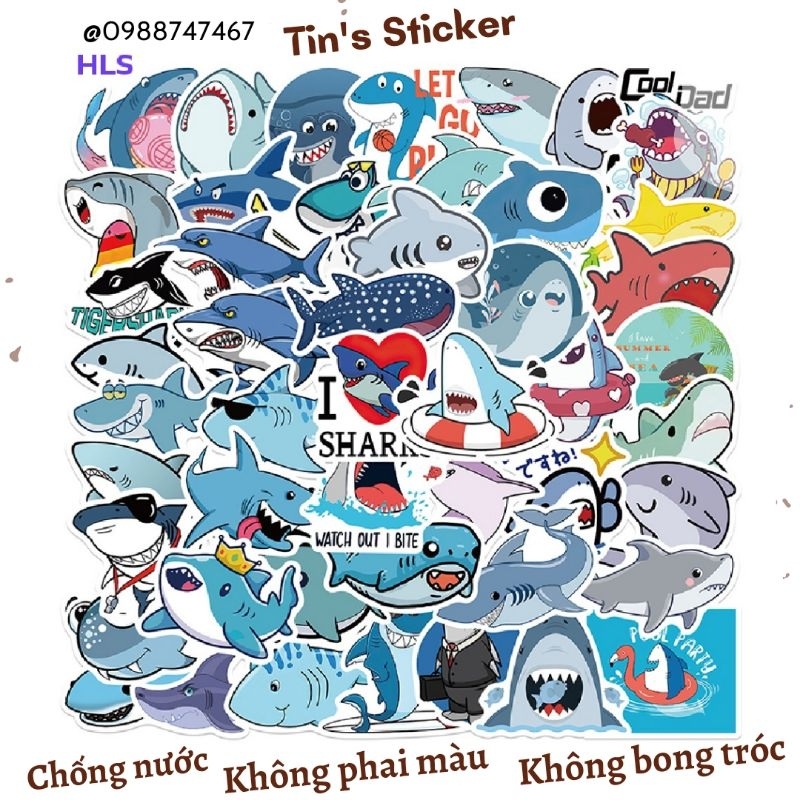 Set combo 50 miếng dán sticker cá mập baby shark dán nón mũ bảo hiểm laptop vali sổ tay đàn guitar điện thoại tủ lạnh