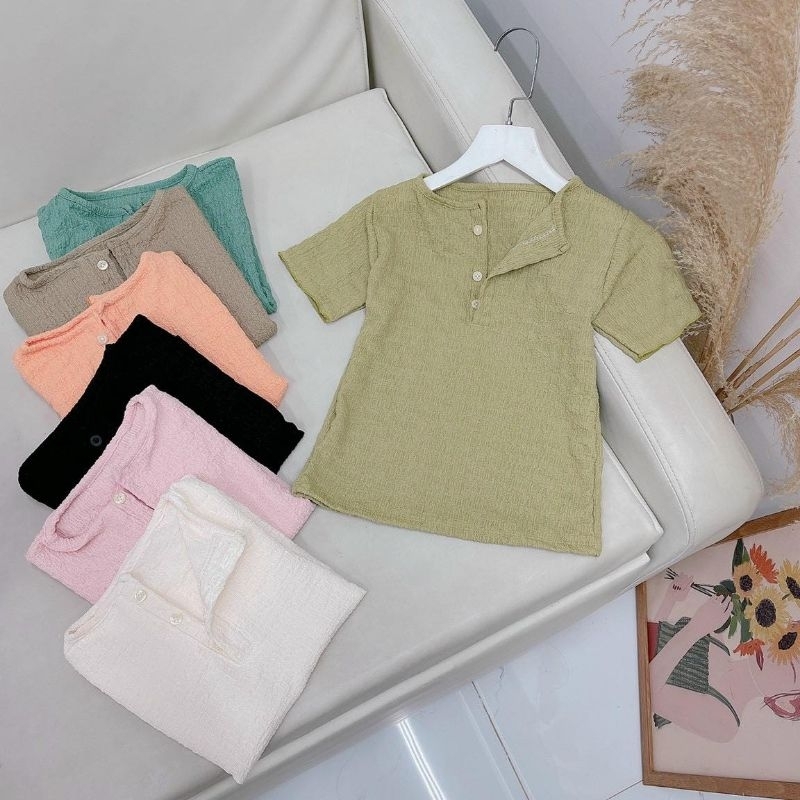 Áo Cổ Nút Tay Ngắn Xốp Nhún Trơn