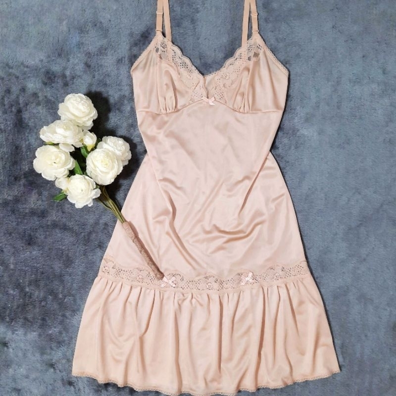 Đầm 2s thun lụa phối ren dáng babydoll màu nude DR5005L
