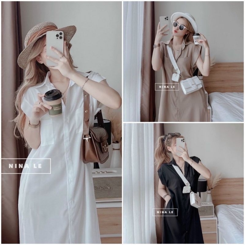 váy sơ mi cộc tay đi chơi đi biển cổ đức dáng suông dài, đầm sơ mi bầu bí phối túi ngực Vip 89
