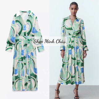 (Sẵn)Váy midi cổ bẻ dập ly hoạ tiết Zarrraa