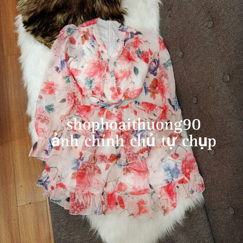 Váy hoa tay dài cúp ngực voan tơ sang chảnh ( có lót quần )