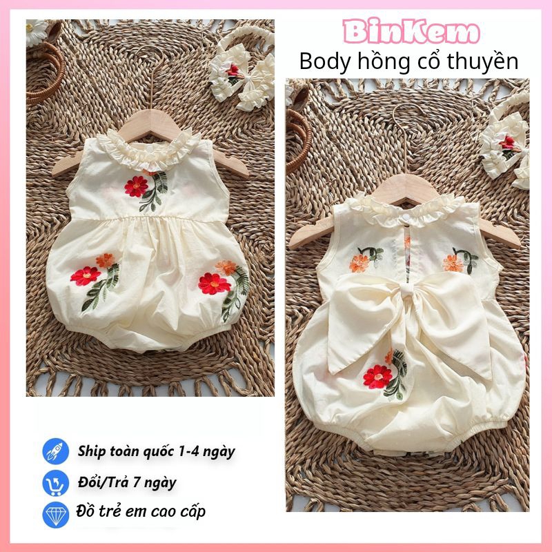 Body Bé Gái Sơ Sinh BINKEMSHOP. Body Đầy Tháng Cho Bé Tặng Kèm Turban và Hài. Bodysuit Cho Bé Sơ Sinh 3-11kg