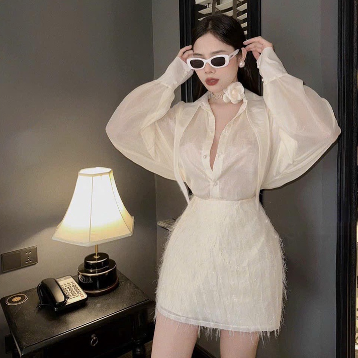 Set áo sơ mi cánh rơi cổ nhọn mix chân váy chữ A lông tặng kèm hoa cài TKCC RDY