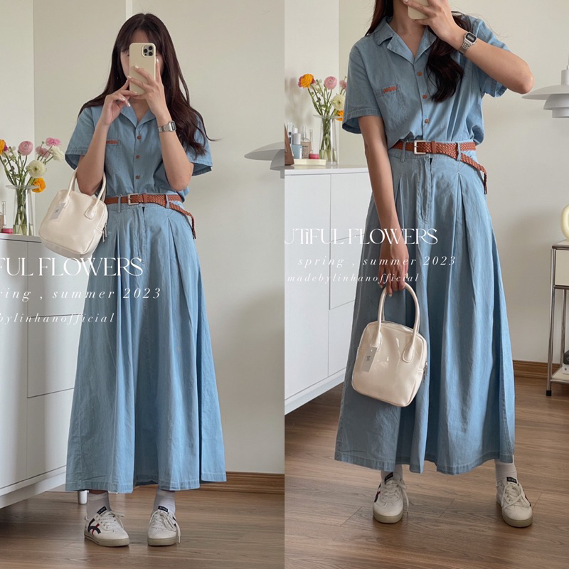 Set bộ sơ mi + chân váy bò kèm đai cao cấp 635 (Hàng có sẵn)🇰🇷