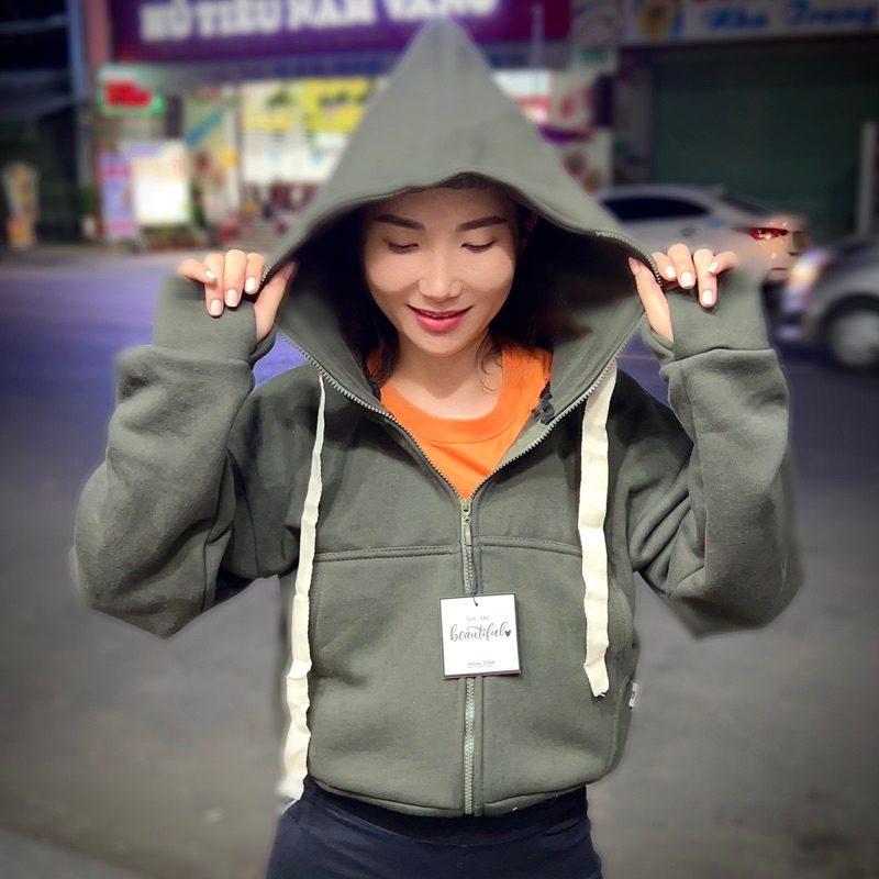 AK07_Áo Khoác Nữ Dáng Lửng Khoá Kéo Cao_Chất Nỉ Thun Cao Cấp_Bo Tay Xỏ Ngón Chống Nắng Tiện Lợi