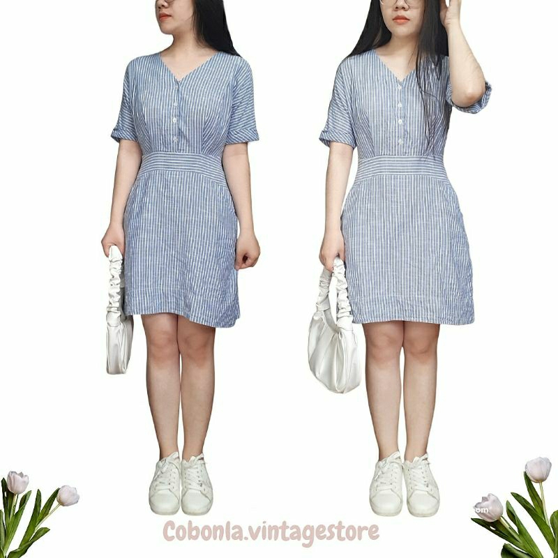 Đầm váy sơ mi kẻ sọc nhỏ trắng mix xanh cổ V chất thô mát phong cách Hàn Quốc Ulzzang - hàng 2hand