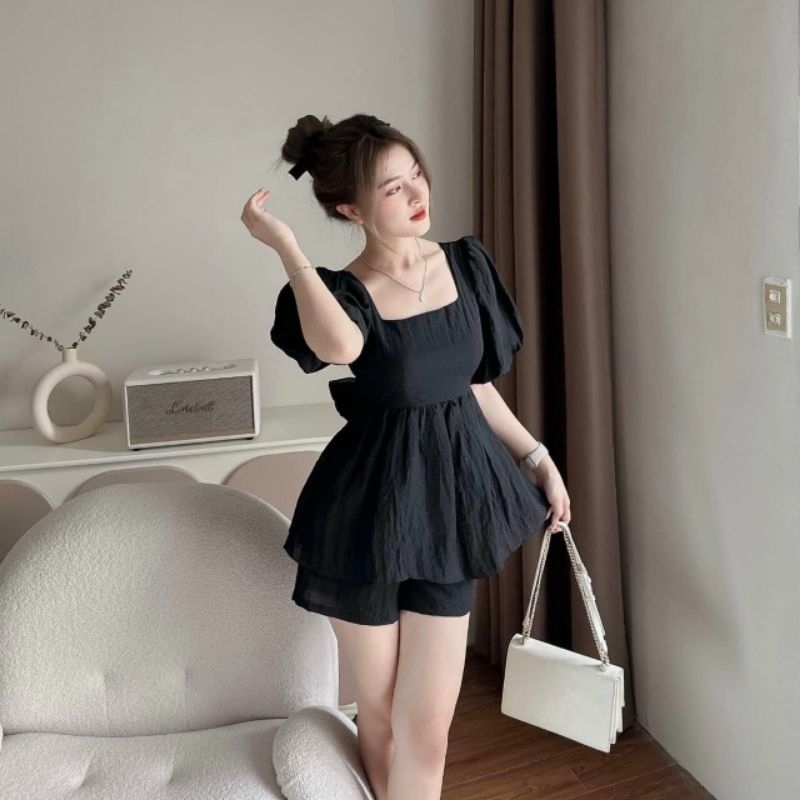 Set bộ đùi tay phồng cổ vuống chất tơ xước cực đẹp
