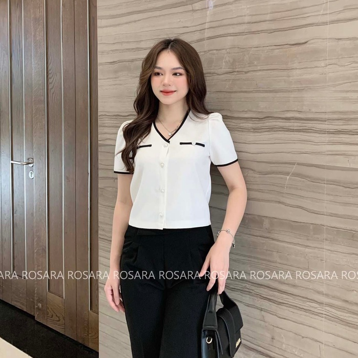 Áo Sơ Mi Trắng Ngắn Tay Cổ Chữ V Viền Đen Thời Trang Nữ Rosara SM66