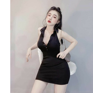 Váy body sát nách hở lưng, đầm body nữ cổ bẻ phong cách năng động sexy