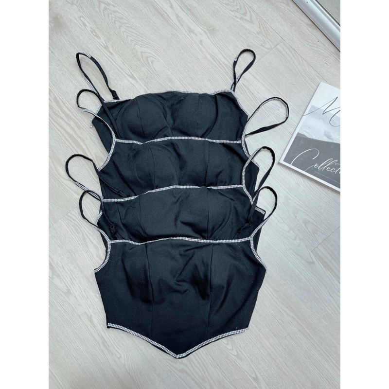 ÁO DÂY CÚP MÚT NGỰC CROPTOP VẠT NHỌN ĐÍNH ĐÁ KHOÁ KÉO