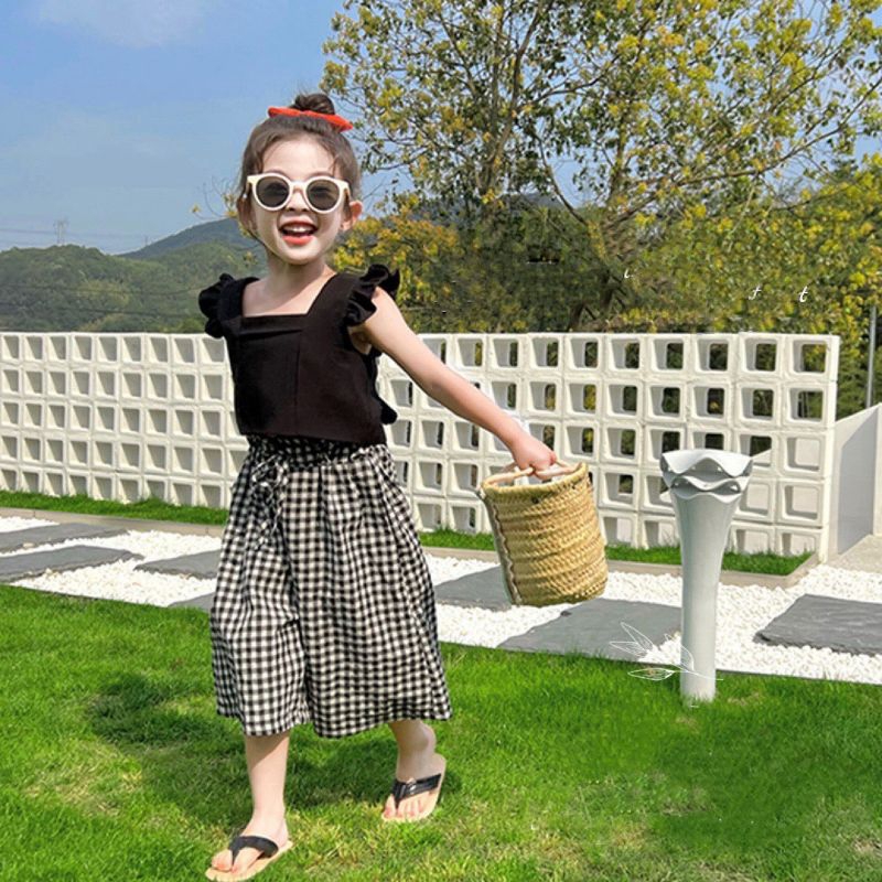 Bộ  áo cánh tiên nơ lưng kèm quần xuông caro tiểu thư bé gái