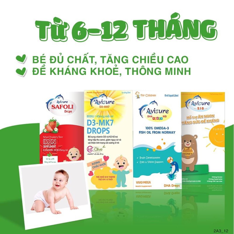 Bộ sản phẩm Avisure bổ sung vi chất toàn diện cho bé D3 MK7 drops DHA smart kid Safoli drops Avisure muno Calkid Kẽm zio