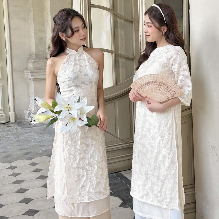 Sét Áo Dài Phối Voan hoa nổi thiết kế đính nơ AS31