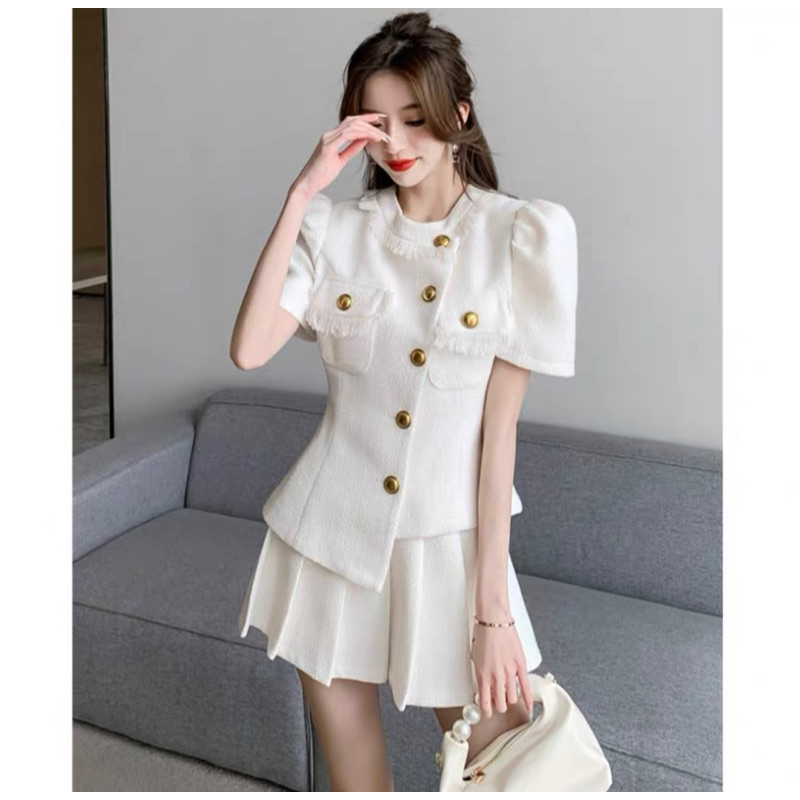 Set Dạ Tweed Áo Tay Bồng Phối Chân Váy Xoè Phong Cách Sang Chảnh_ Hàng Order QCCC