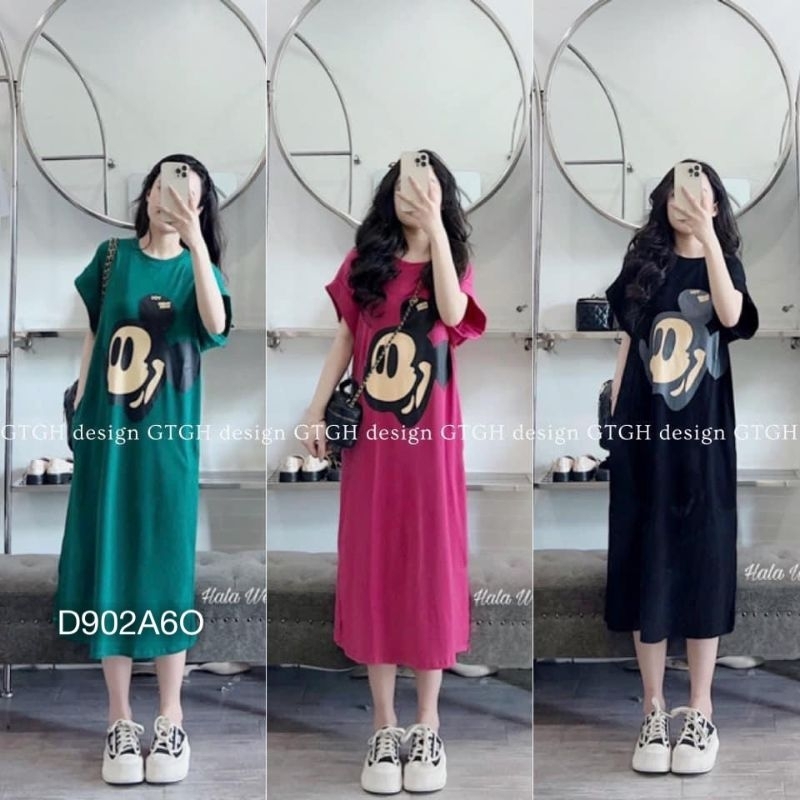 Đầm Thun Suông Hoạt Hình Bigsize Nữ ,Váy Cotton Mặc Nhà Dáng Dài ,Form Rộng Màu Đen/Xanh/Hồng