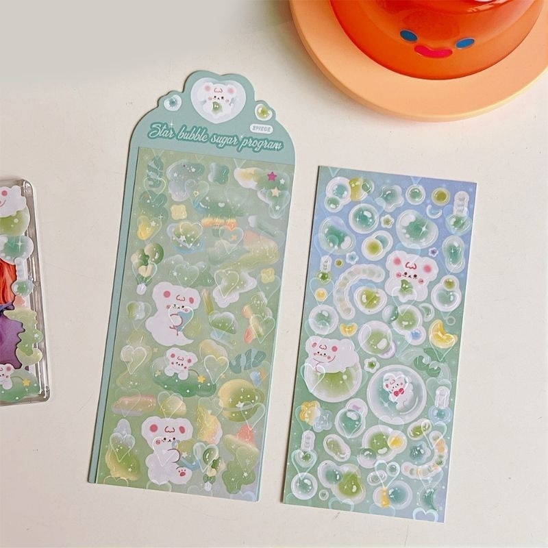Set 2 tấm hình dán sticker gấu bong bóng bubble bling lấp lánh decor toploader, DIY
