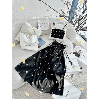 Set maxi cúp ngực phom xoè vải dập hoa