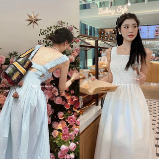 Đầm midi 2s bản nhún cổ vuông hở lưng smocking (Trắng/Xanh)