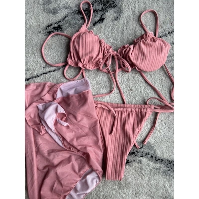 Bikini 2 Mảnh Tam Giác Dún Rút Dây Kèm Váy Cover