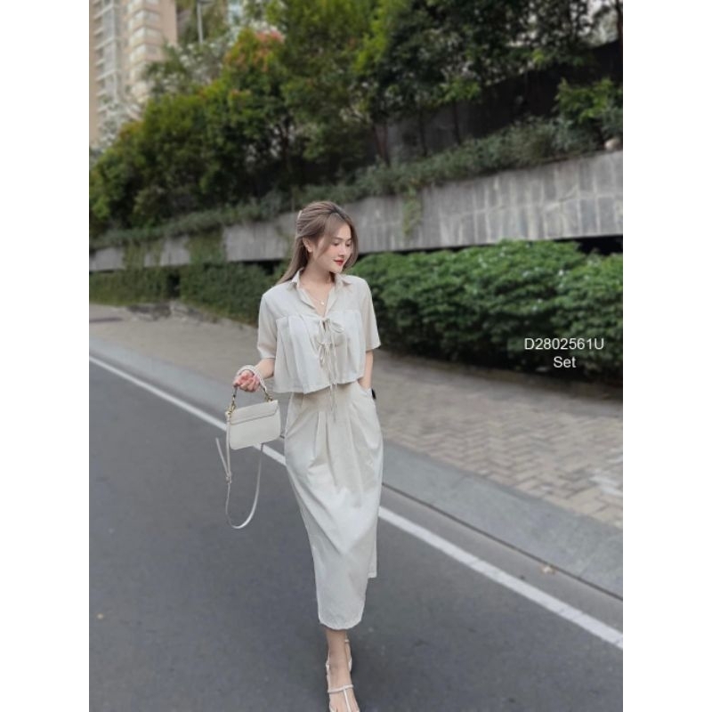 Set áo sơ mi xếp li tay con form lửng phối chân váy!