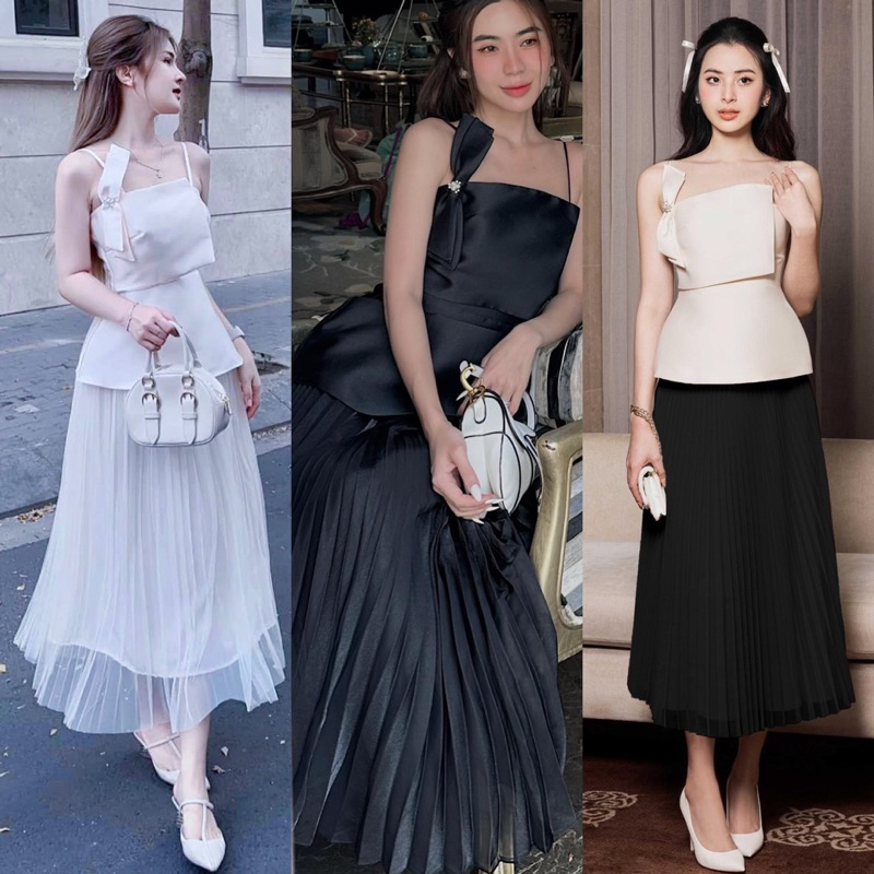 SET ÁO PEPLUM 2 DÂY PHỐI NƠ DỌC KÈM CHÂN VÁY MIDI XẾP LY XOÈ