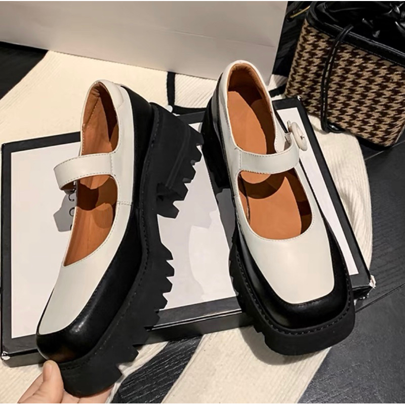 ORDER 🌼 Giày moca mũi vuông phối màu da bò 6cm 34-39