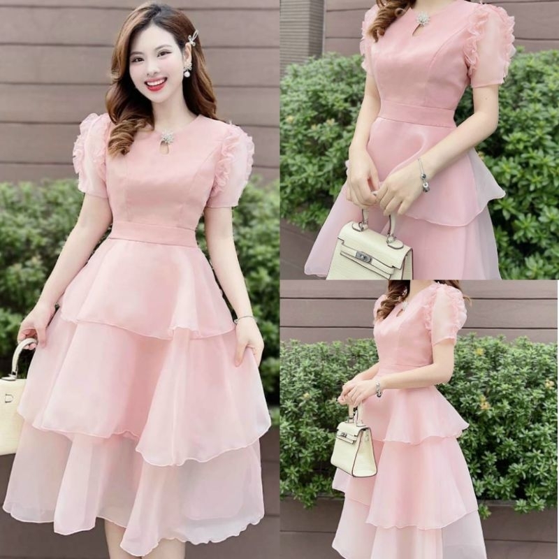 Đầm voan xòe 3 tầng tay phồng xếp bèo kèm Tag phụ kiện thanh lịch dịu dàng (NB25 - Đầm Hotgirl thiết kế đẹp mê ly💯)