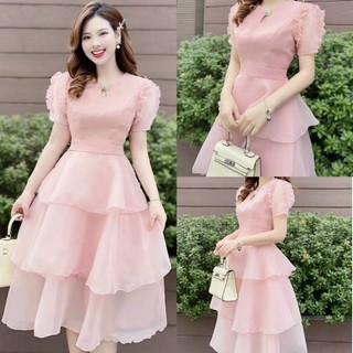 Đầm Xòe 3 Tầng Tay Bồng Kèm Tag Phụ Kiện Xinh Xắn Cho Bạn Gái, Chất Voan Tơ 1 Màu Hồng💥