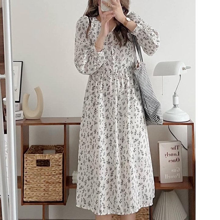 Đầm/Váy babydoll dáng dài hoa cỏ màu be Vintage style - Momiji Store