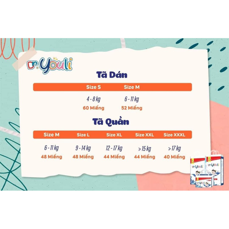 Tã/Bỉm YOULI Y TẾ - DR.YOULI Dán/Quần S60/M52/M48/L48/XL44/XXL44/XXX40