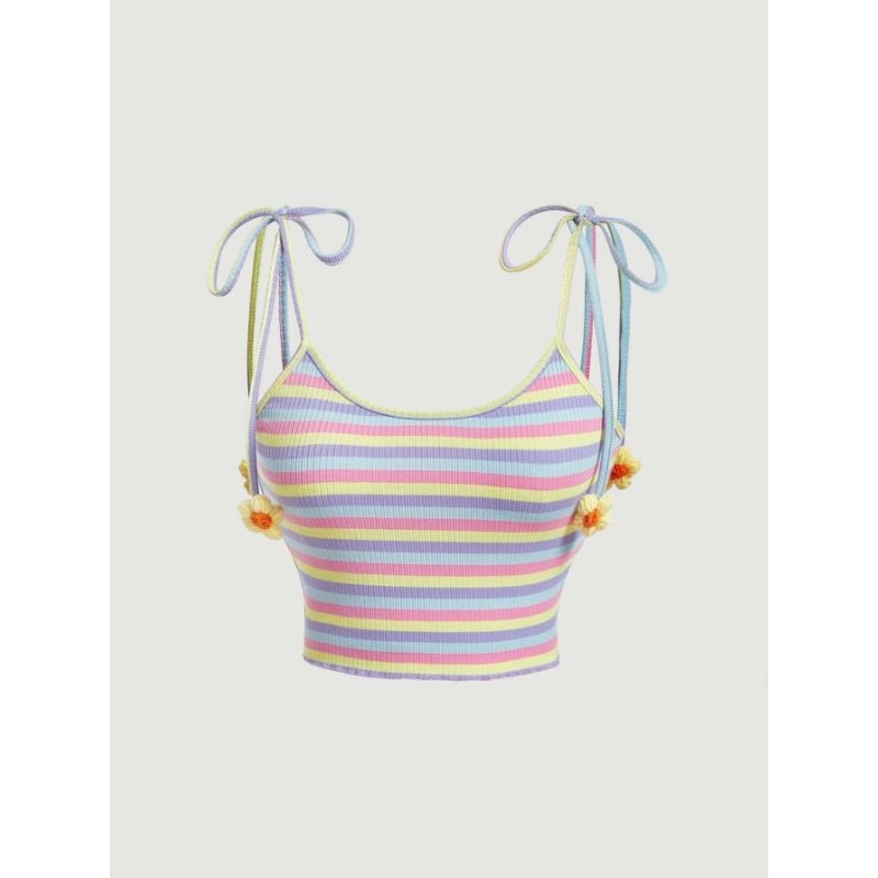Áo croptop buộc dây hình bông hoa sexy họa tiết kẻ sọc cầu vồng nhiều màu thời trang mùa hè cho nữ 🌈🌷
