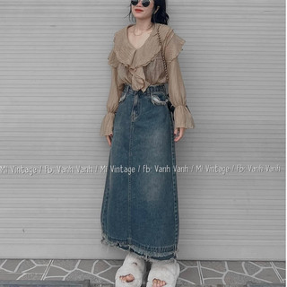 Chân váy jean dáng dài tua rua hàng chuẩn