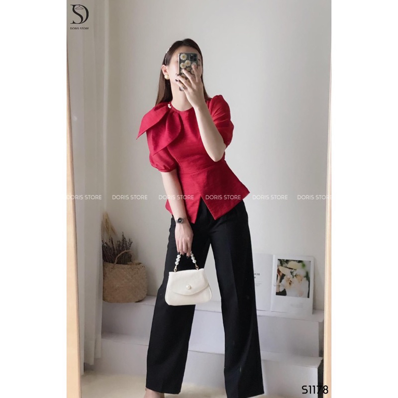 Áo sơ mi công sở nữ dáng peplum ôm người vải tơ xước cổ lá nhọn