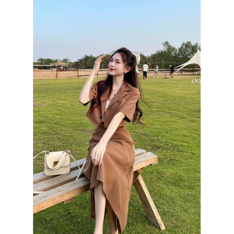 Set 3CT áo vest mix chân váy midi kèm áo quây