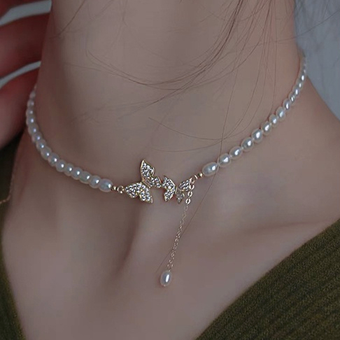 【coffeemate】⚡ Vòng cổ choker hình bướm đính ngọc trai giả thời trang hàn quốc cao cấp sang trọng