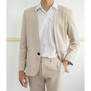 Áo vest blazer nam không cổ VÂU màu kem áo khoác công sở trẻ trung dài tay 1 lớp và 2 lớp phong cách Hàn Quốc