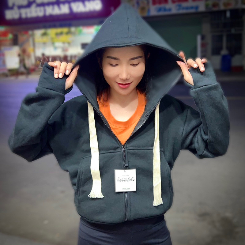 AK07_Áo Khoác Nữ Dáng Lửng Khoá Kéo Cao_Chất Nỉ Thun Cao Cấp_Bo Tay Xỏ Ngón Chống Nắng Tiện Lợi