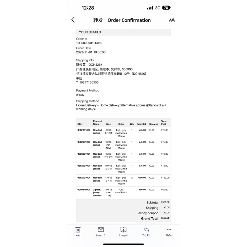 Áo khoác có mũ hoạ tiết minnie xinh xắn cho bé gái săn sale China sz 2-3y