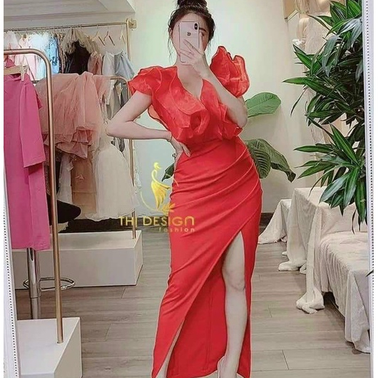 Đầm phối voan kiếng xẻ tà thời trang nữ sang chảnh dự tiệc chất umi cổ V phối voan nơ xẻ tay ngắn dáng ôm maxi