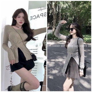 Set áo len xám xẻ tà + chân váy dập ly