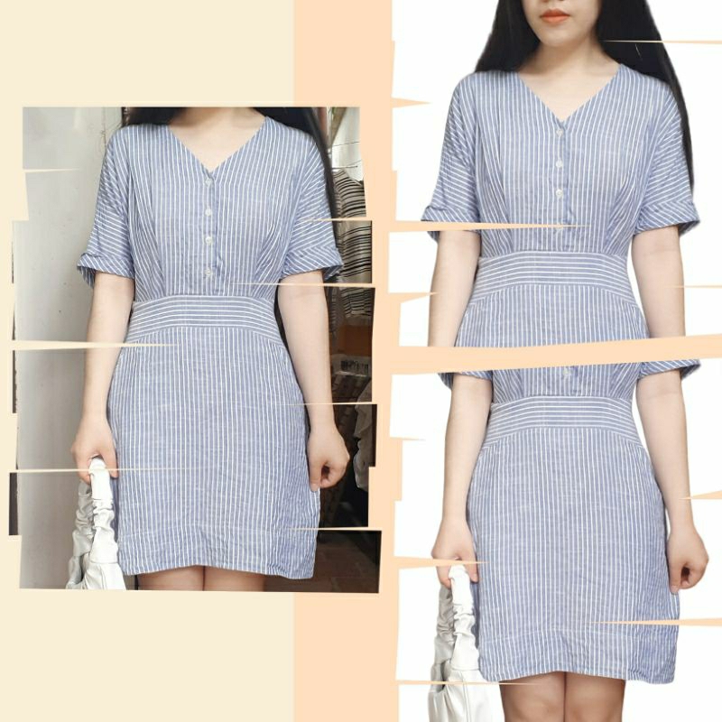 Đầm váy sơ mi kẻ sọc nhỏ trắng mix xanh cổ V chất thô mát phong cách Hàn Quốc Ulzzang - hàng 2hand