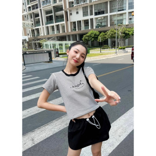 Áo thun sọc Baby Tee nữ tay ngắn cổ tròn form ngắn thêu chữ Angel dễ thương Angel B-Tee - Sibling House