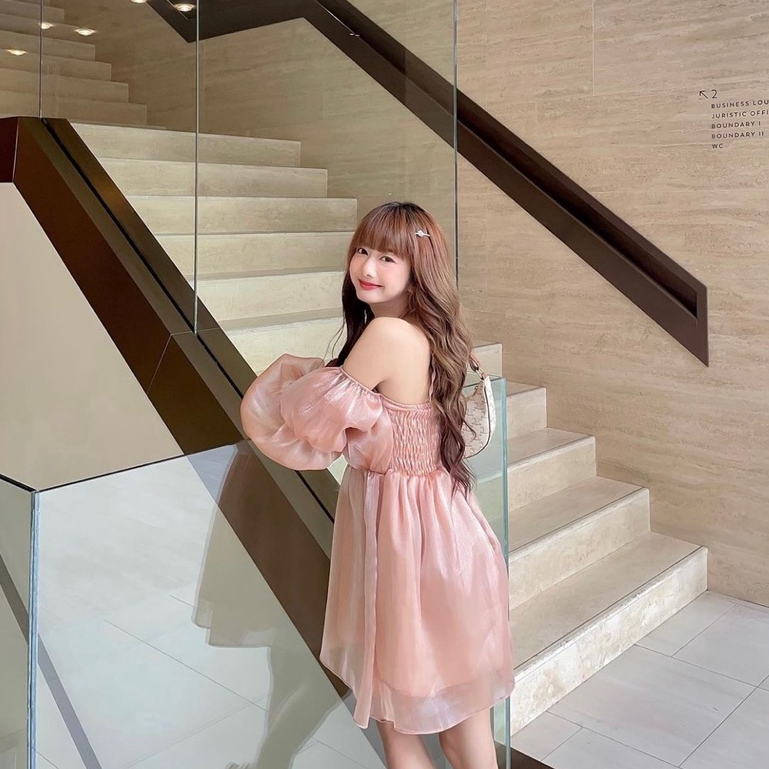 Đầm trễ vai cúp ngực cổ yếm tay dài voan tơ cao cấp phong cách bánh bèo tiểu thư Nu House kèm ảnh thật shop chụp